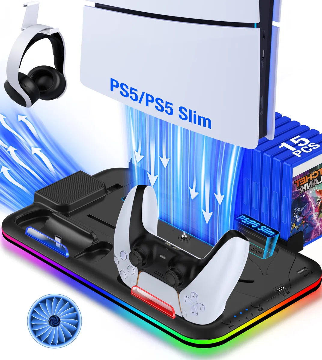 Enhance RGB LED PS5 Stand e stazione di raffreddamento con doppio controller di ricarica, 3 livelli regolabile PS5 Cooler, supporto per cuffie e slot di archiviazione