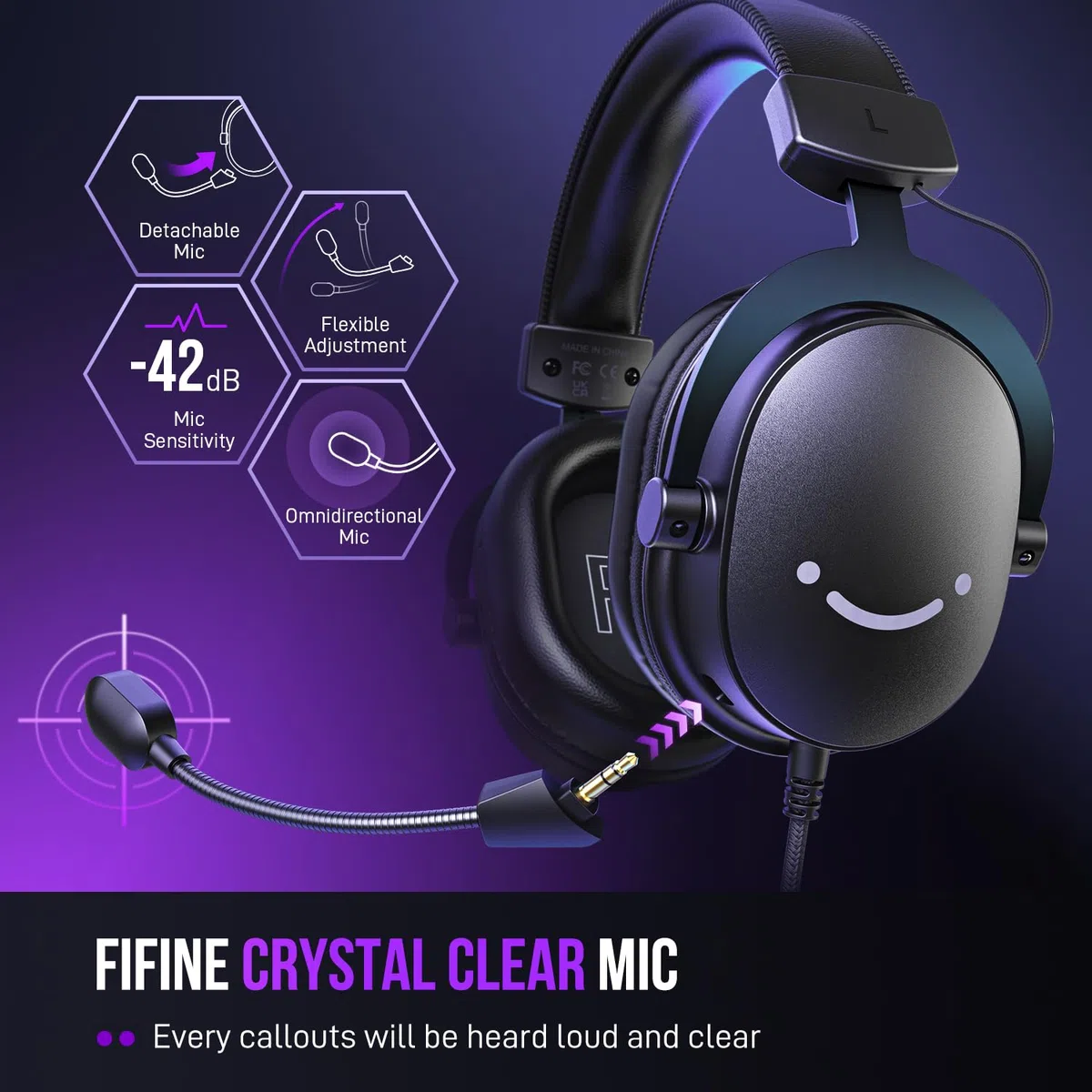FIFINE Cuffie da gioco per PC, cuffie USB Streaming con jack da 3,5 mm, microfono staccabile, suono surround 7.1 per PS4 PS5, cuffie over-ear nere H9