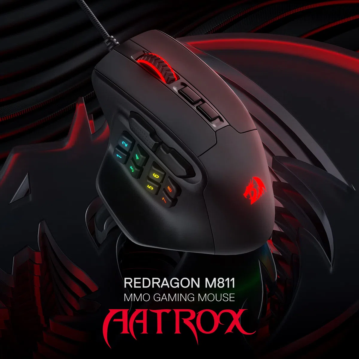 Mouse da gioco Redragon M811 Aatrox MMO, 15 pulsanti programmabili, mouse da gioco RGB cablato con presa ergonomica naturale, 10 tasti macro laterali