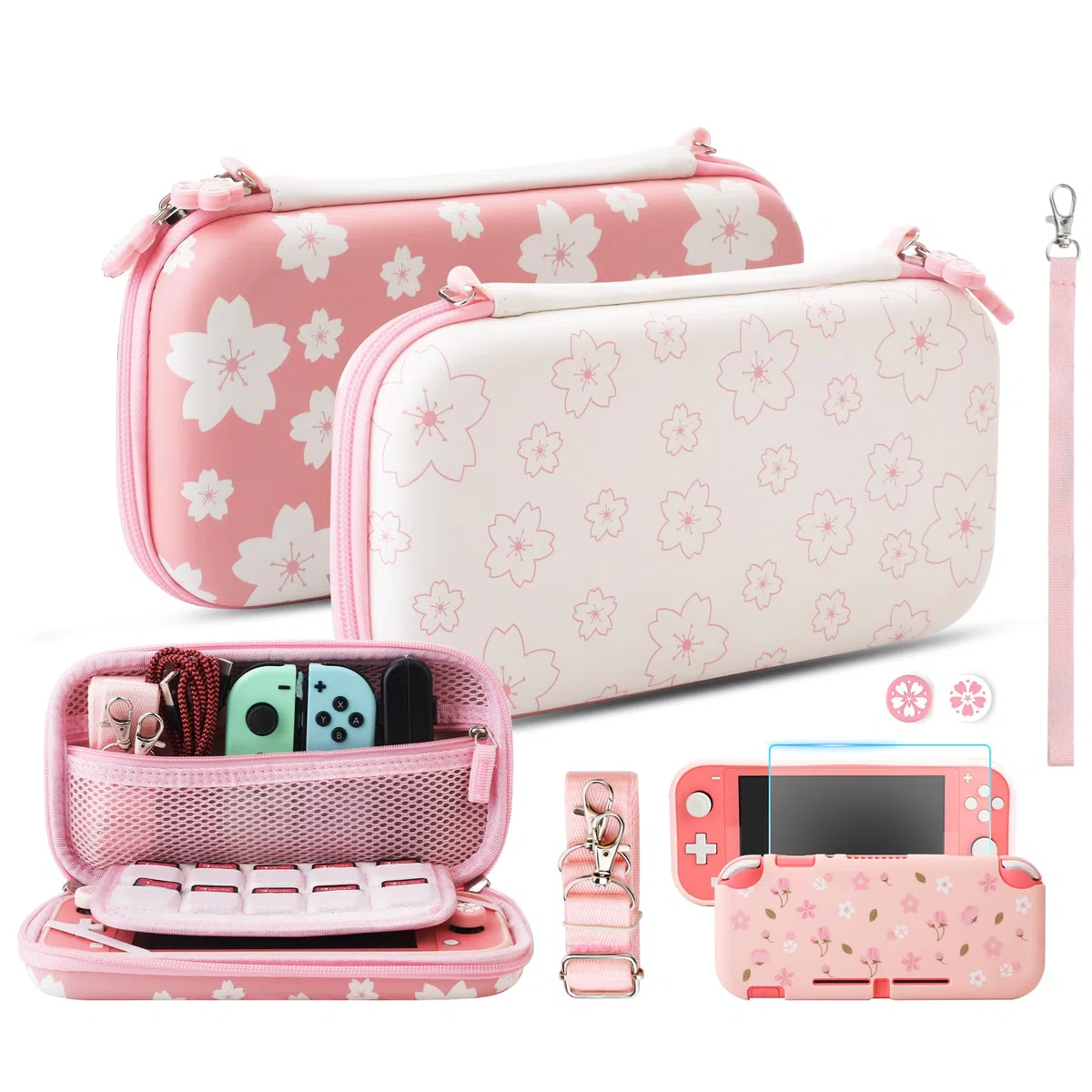 HYPERCASE Custodia da trasporto rosa Sakura per Nintendo Switch Lite, kit di accessori Girly con custodia protettiva Switch Lite, pellicola protettiva HD, 2 simpatici tappi per pollice, cinturino da