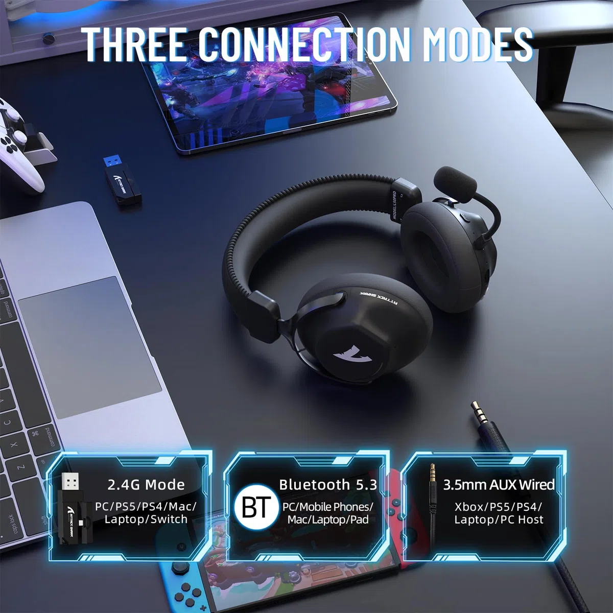 ATTACK SHARK L50PRO Cuffie Gaming Wireless Audio Surround 7.1 Modalità EQ Driver 53mm Connettività Tripla Batteria 1100mAh Cuffie Circumauricolari con Microfono Rimovibile Anti-Rumore,Nero