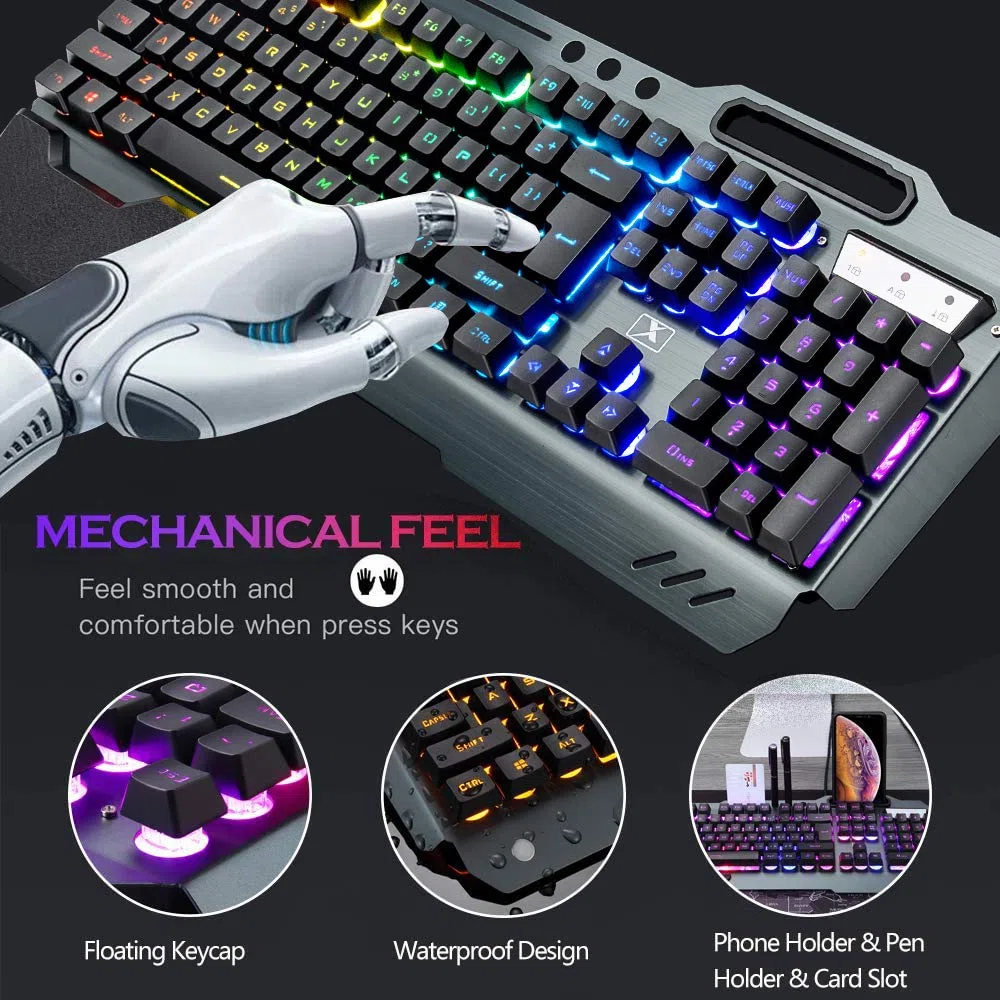 Tastiera da gioco wireless, mouse, cuffie e tappetino per mouse Set 4 in 1,16 Tastiera ricaricabile con retroilluminazione RGB con supporto per i polsi, 7 mouse retroilluminato e cuffie Bluetooth RGB
