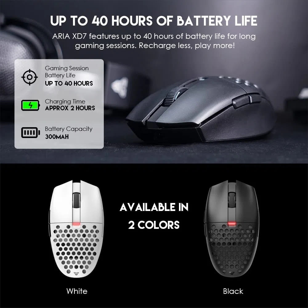 Fantech ARIA XD7 Mouse da gioco wireless - Pixart 3395 Sensore da gioco 26000 DPI, interruttori KAILH GM8.0, super leggero 59 grammi e forma di uovo ambidestro, connettività a 3 modalità, nero