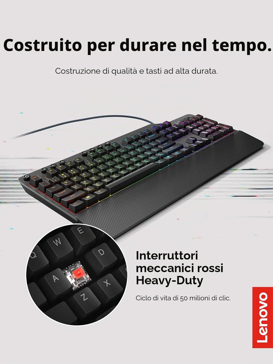Lenovo GY40T26478 Legion K500 RGB Mechanical Gaming Keyboard, 3 Zone Full-Size Keyboard, 7 User Programmable Hot Keys; 16.8 Million Colors, 50 Million-Click Red Mechanical Keys, Detachable Palm Rest