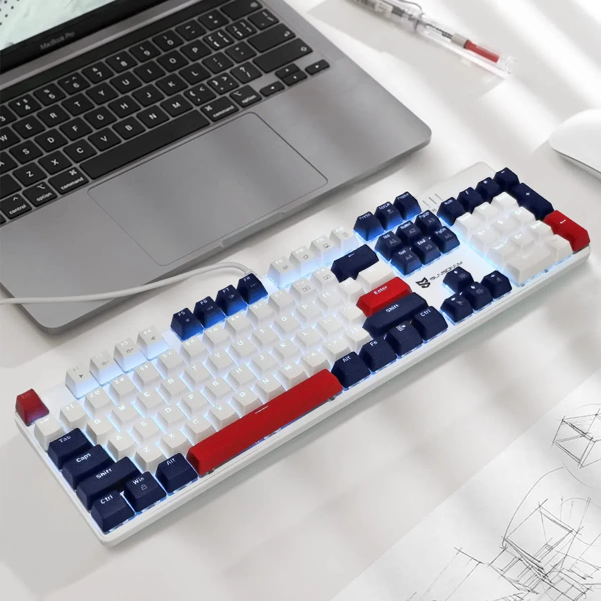 Qisan Tastiera meccanica da gioco, tastiera cablata, retroilluminazione a LED bianco/blu/rosso combo 104 tasti layout americano tastiera da gioco con rimovibile,interruttore blu