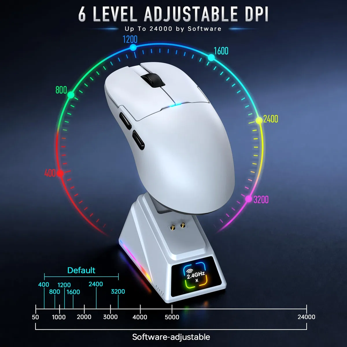 FREEWOLF x A.JAZZ AJ159P MC PRO Mouse da Gaming Wireless, Dock di Ricarica Magnetico con Schermo TFT, Ultra-Leggero 57g, Sensore PAW3311, 24000 DPI, BT/2.4G/USB-C, 20M Click, per PC/MAC (Bianco)