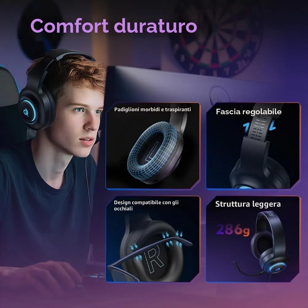 QCY Cuffie Gaming per PC/PS5/PS4/Switch, HEROAD V200 Cuffie over ear, USB-C, Batteria da 240 ore, Audio Surrounqchd 7.1, 2,4GHz Cuffie Wireless per multipiattaforma, Bluetooth 6.0