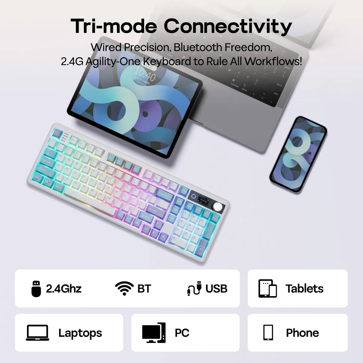 EPOMAKER TH99 PRO Tastiera Meccanica con Schermo e Manopola, 10000mAh, 2.4Ghz/BT,Hot Swap,Custom Driver,RGB Backlit,PBT Keycap,Gasket,Wireless Gaming Keyboard for PC/Mac (Bianco, Sea Salt Silent)