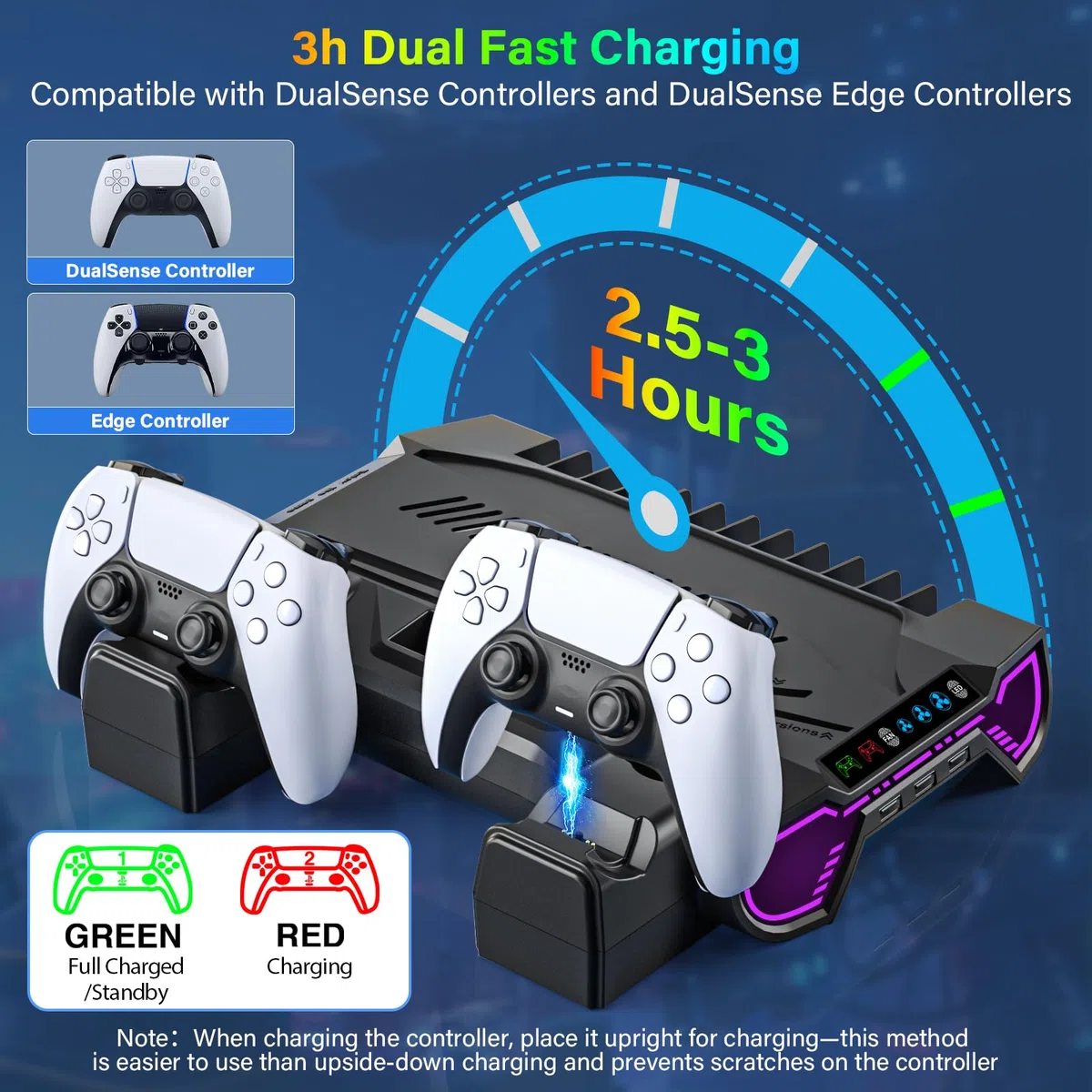 Stazione di raffreddamento PS5/Slim/Pro con stazione di ricarica controller per console Playstation 5 - Supporto RGB PS5 con caricabatterie controller, kit di accessori per supporto di