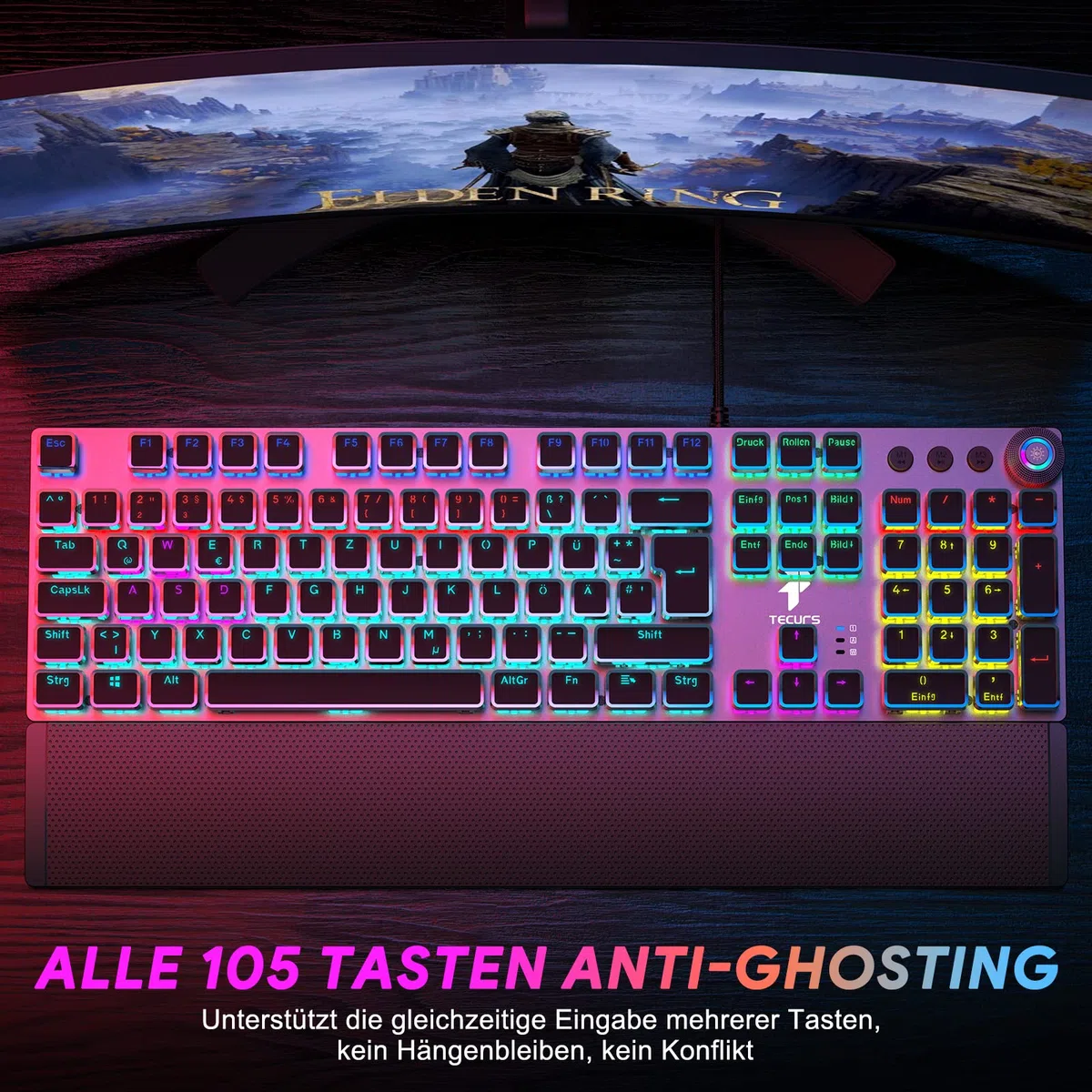 TECURS Tastiera meccanica da gioco con poggiapolsi magnetico e interruttori rossi, tastiera illuminata QWERTZ cablata, 105 tasti con anti-ghosting e manopola multimediale per PC/PS5/PS4