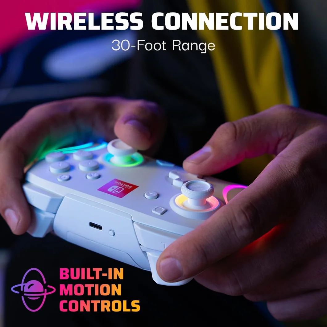 PDP Afterglow Wave Wireless Pro Controller with Full Motion for Nintendo Switch, Nintendo Switch - OLED Model, 8 RGB LED Lighting Zones, 30 Foot Range, 20 Hour Rechargeable Battery White