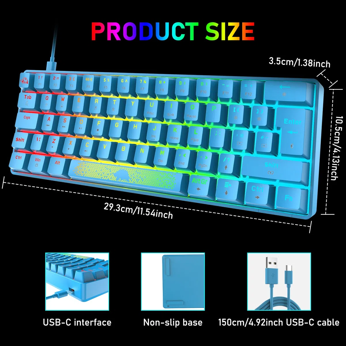MAGIC-REFINER Tastiera Meccanica Switch Marrone 60% Compatto 62 Tasti USB C Wire RGB Retroilluminato Tastiere da gioco Ergonomica Rainbow LED Compatibile con PC, laptop, MAC - Blu/Interruttore Blu