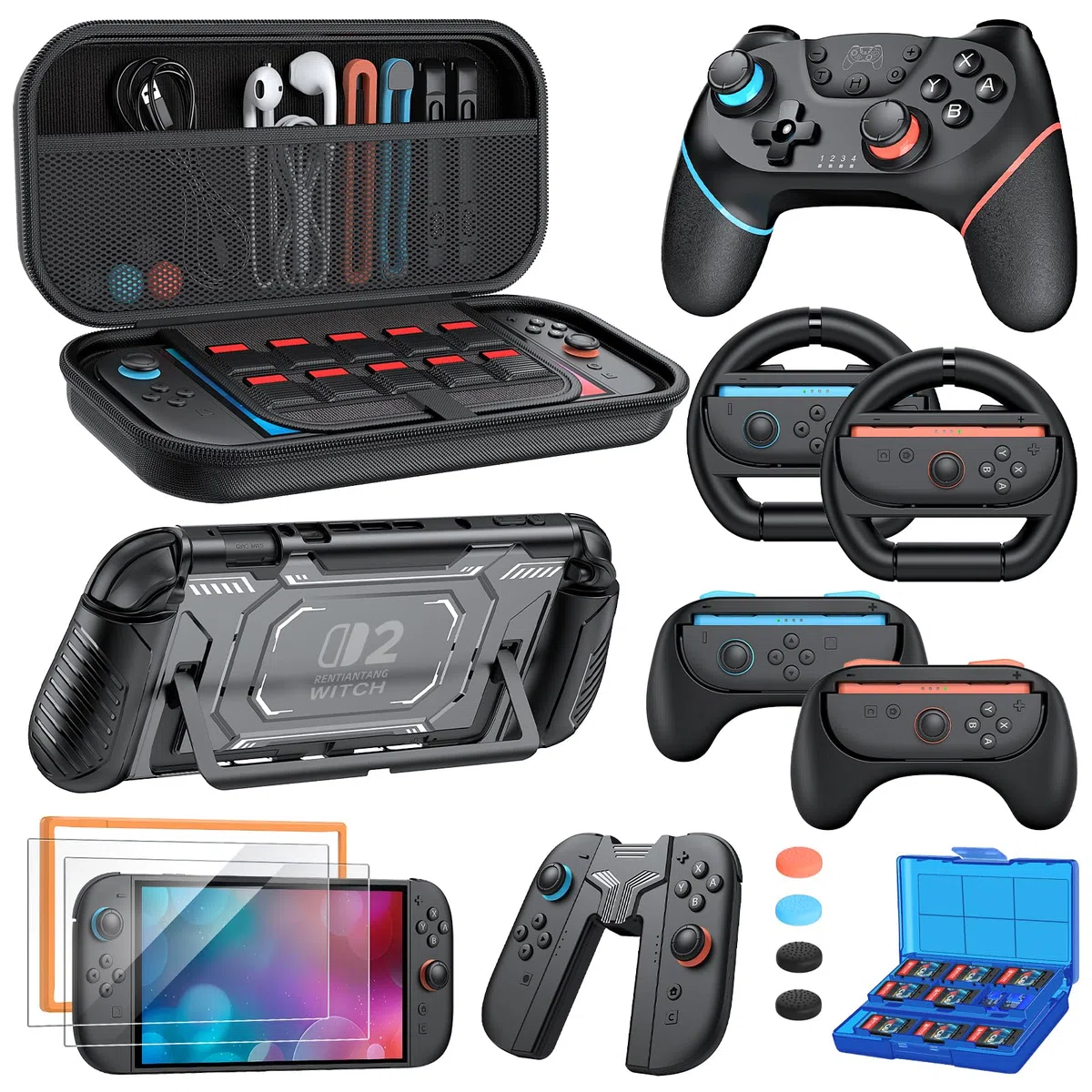 Switch 2 Pro Controller Accessori Bundle per Nintendo Switch 2, kit 17 in 1: controller wireless, borsa per il trasporto, volanti, maniglie per JoyCon, custodia protettiva per console Nintendo Switch