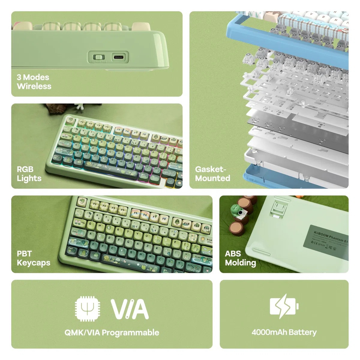 KiiBoom Phantom81 Lite 75% Guarnizione Tastiera Meccanica QMK&VIA Programmabile 3 Modalità Wireless Gaming Retroilluminazione RGB Custodia ABS+UV Hot-Swap Windows/Mac