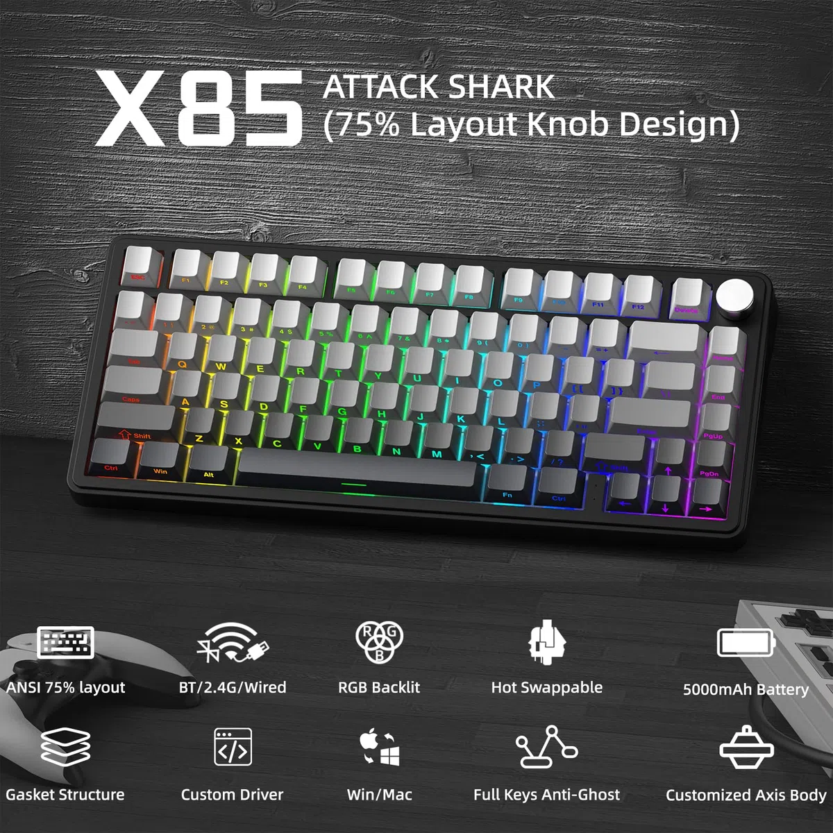 ATTACK SHARK X85 Guarnizione Tastiera meccanica con manopola, Tastiera da gioco wireless al 75% con imbottitura a cinque strati, BT5.0/2.4G/USB-C,RGB, sostituibile a caldo, Copritasti PBT (Nero)