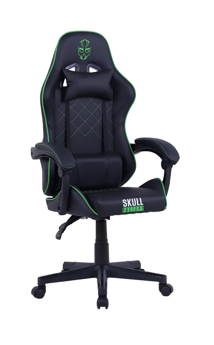 Skull Factory Sedia Gaming Ergonomica, Regolabile, Base Nylon, Pistone a Gas Classe 3, Cuscino Cervicale, Cuscino Lombare, Rivestimento in PVC, Ruote Silenziose