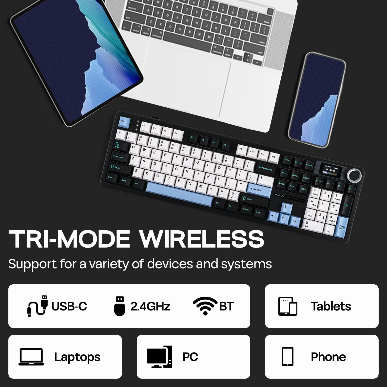 EPOMAKER X AULA F108 PRO Tastiera da Gioco Wireless con Schermo, Batteria da 8000mAh, 104 Tasti e Manopola Sostituibili a Caldo, RGB, per Mac/PC/Android, qwerty (NeroBiancoBlu, Reaper Switch)