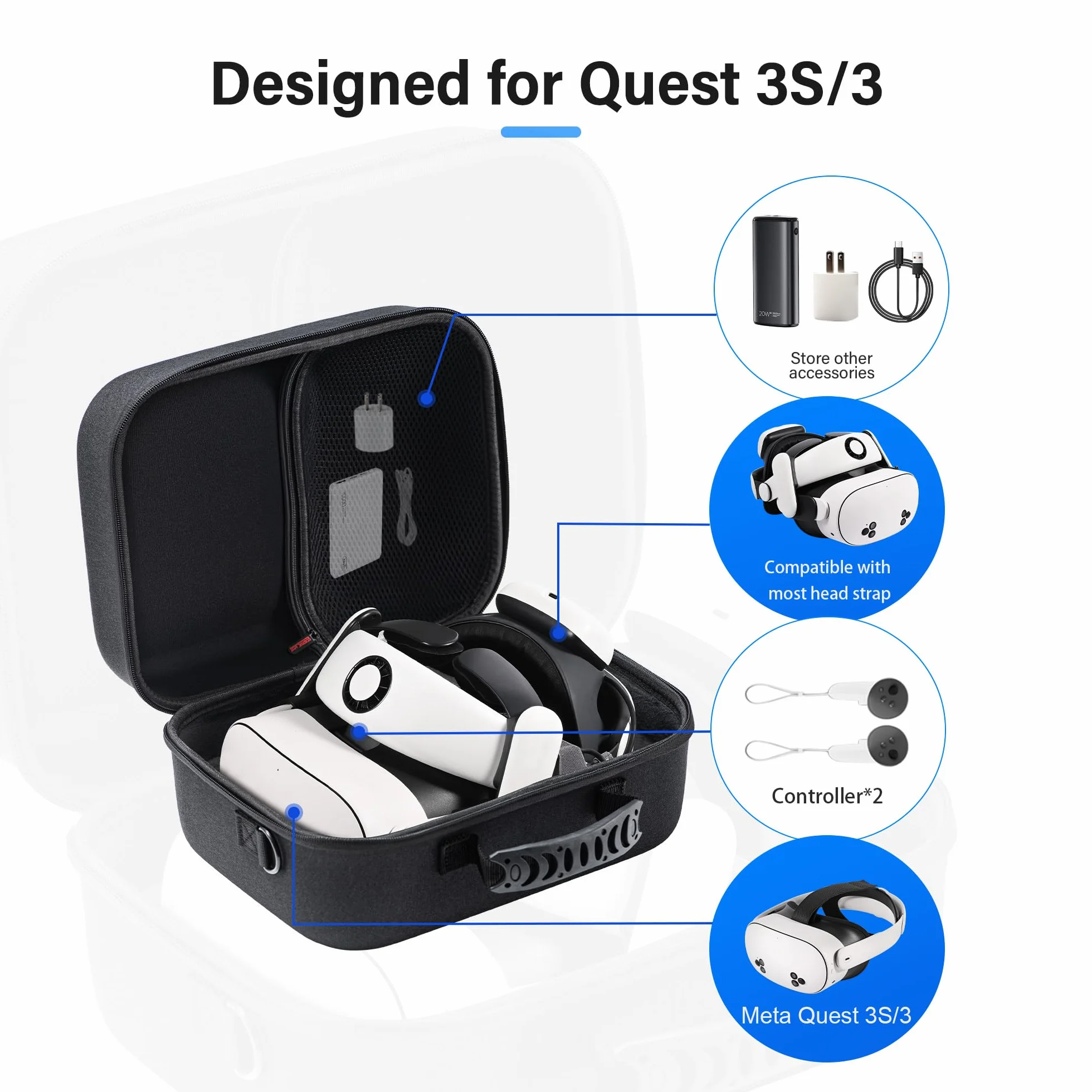 Grande custodia da trasporto per Meta Quest 3S, custodia da viaggio rigida compatibile con BOBOVR S3 Pro/Kiwi Battery Head Strap, Oculus Quest 3S Controller e altri accessori, grande borsa da viaggio