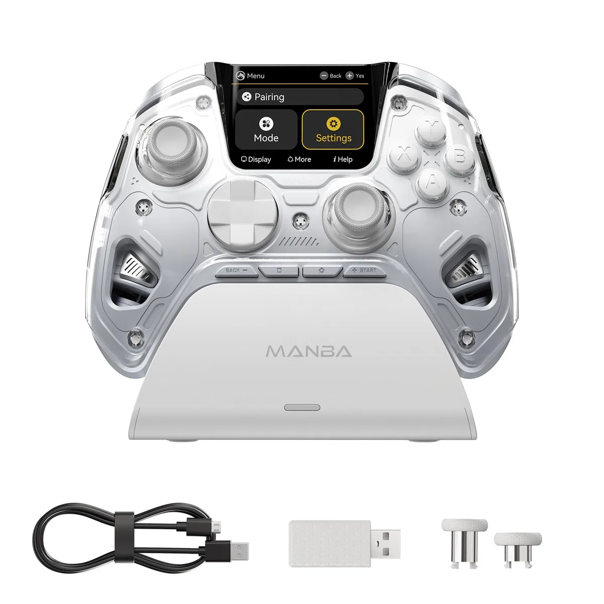 MANBA One V2 Controller Da Gioco Wireless Con Schermo Interattivo (Bianco) | Compatibile Con PC/Switch/iOS/Android, Stick E Grilletti Hall Effect, LED, Pulsanti Macro, Batteria 1800mAh, Base Di Ricarica