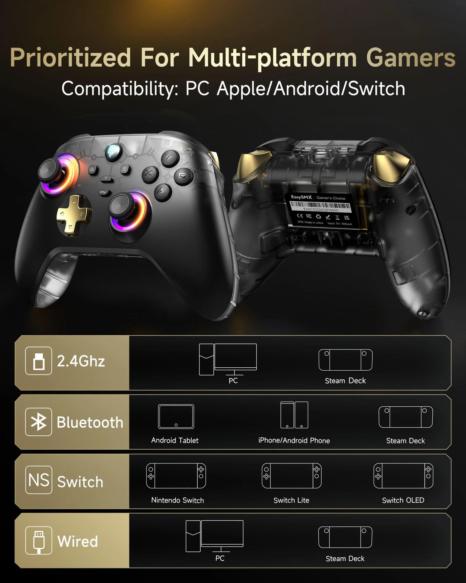 EasySMX D05 Wireless Controller PC con Base di Ricarica - RGB luce - Joystick Hall - Trigger Hall - Batteria ricaricabile da 1000 mAh - Vibrazione - Turbo - per PC/Switch/Mobile - Nero