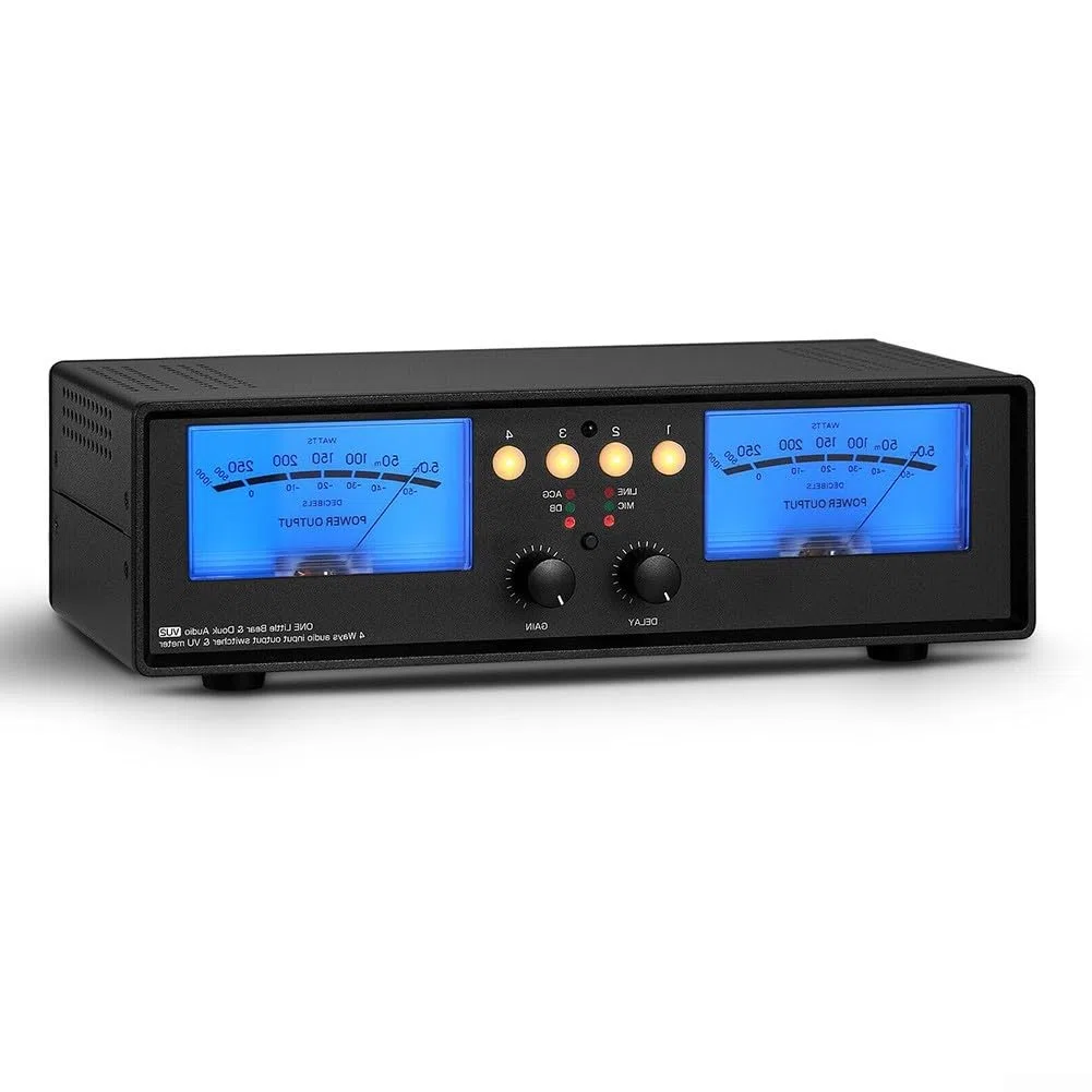 VU2 VU Meter analogico indicatore di livello sonoro con modalità di commutazione 4-IN-1-OUT e 1-IN-4-OUT per sorgenti audio stereo RCA e ingresso microfono (retroilluminazione blu)