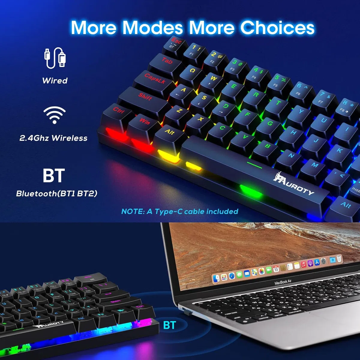 Pauroty 60% tastiera meccanica senza fili, modalità tripla 2.4G/USB-C/Bluetooth per i giochi, retroilluminazione RGB, interruttore blu Clicky, mini tastiera wireless ricaricabile a 61 tasti per iPad