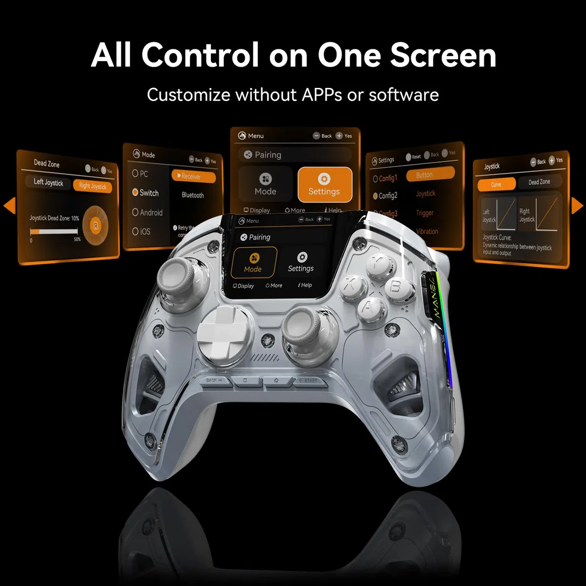 MANBA One V2 Controller Da Gioco Wireless Con Schermo Interattivo (Bianco) | Compatibile Con PC/Switch/iOS/Android, Stick E Grilletti Hall Effect, LED, Pulsanti Macro, Batteria 1800mAh, Base Di Ricarica