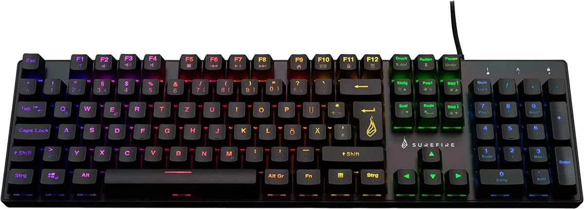 Surefire Kingpin M2 - Tastiera meccanica da gioco tedesca, tastiera multimediale da gioco Full Size, tastiera RGB con illuminazione, 100% tasti anti-ghosting, layout tedesco QWERTZ