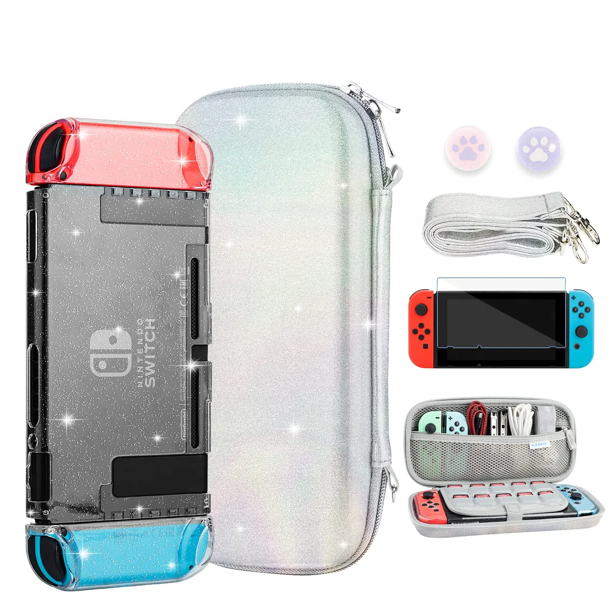 FANPL Custodia glitterata per accessori Nintendo Switch, custodia per Switch e controller Joy Con con custodia protettiva rigida glitterata e protezione per schermo, impugnature per pollice, tracolla