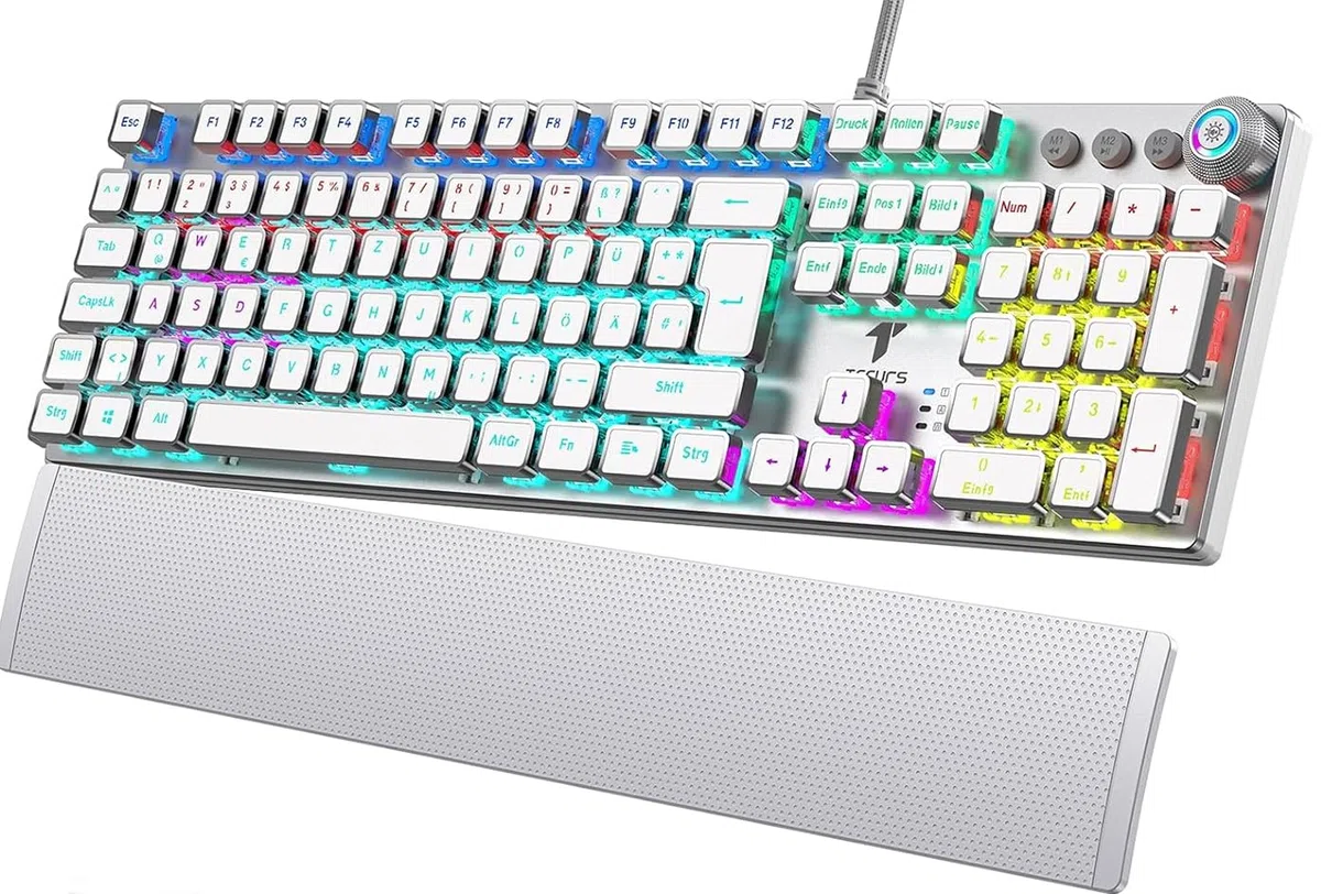 TECURS Tastiera meccanica da gioco, programmabile, con poggiapolsi magnetico, interruttore rosso, 19 modalità LED, tasti multimediali, PC con cavo, layout QWERTZ DE, bianco