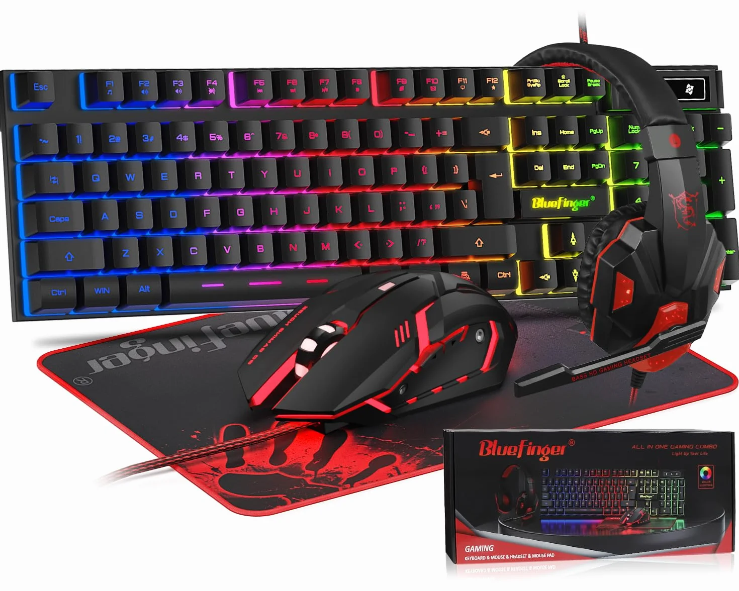 BlueFinger RGB tastiera da gioco e mouse retroilluminati e auricolari tastiera retroilluminata con cavo USB set di mouse per tastiera da gioco cuffie con microfono per computer portatile PC e lavoro