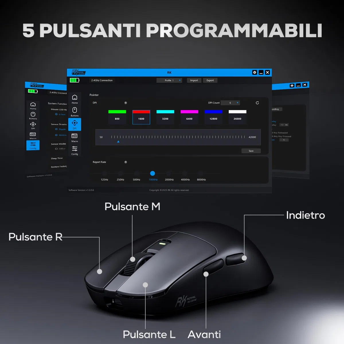 RK ROYAL KLUDGE M3 Mouse Gaming Wireless Ultraleggero 47g, Sensore PAW3950 42000 DPI, Mouse Wireless 8K BT/2.4G/USB, 5 Pulsanti Programmabili, Design Ergonomico, Batteria 650mAh per PC/Console, Nero