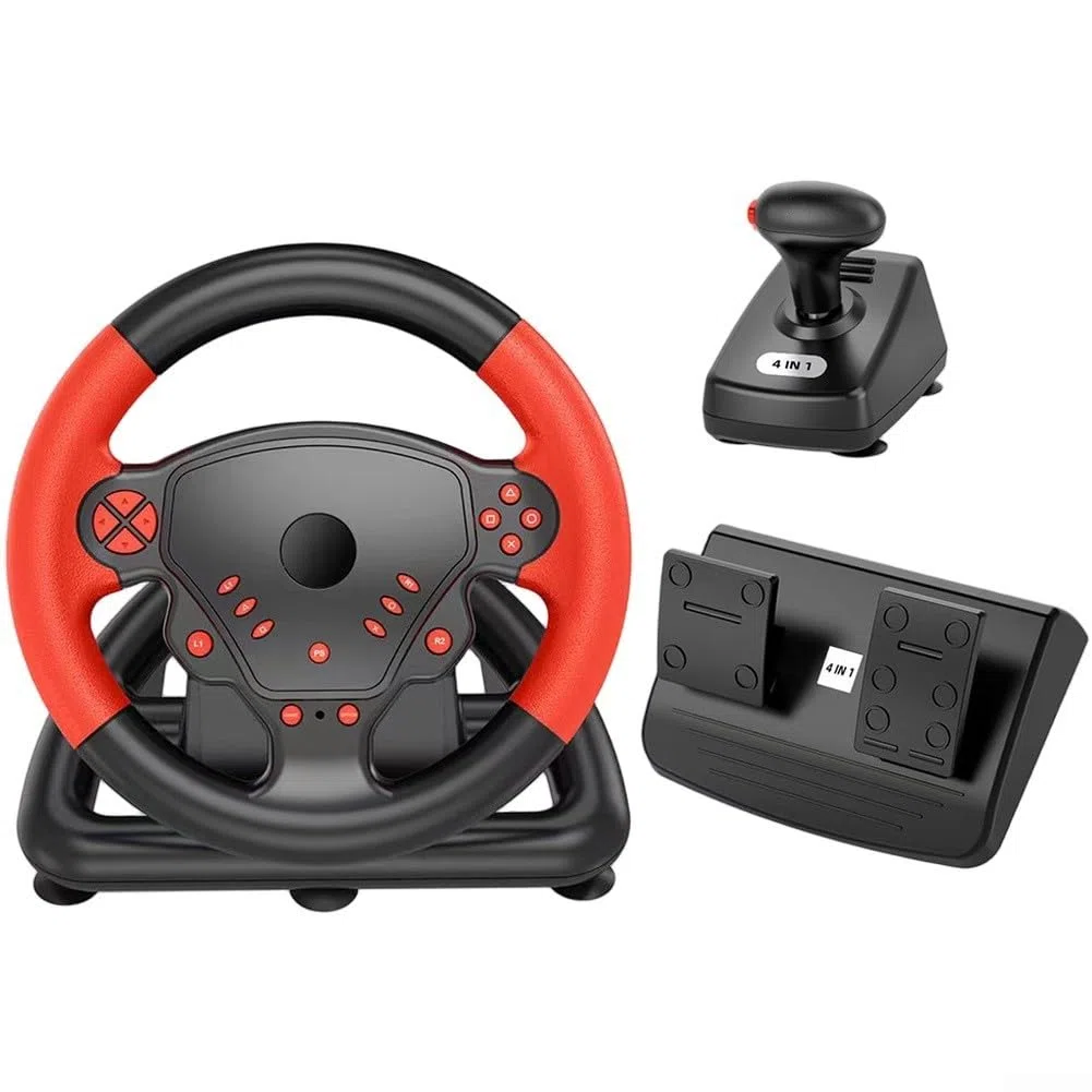 Volante da corsa wireless con pedali e cambio, volante da gioco per PS4 PC Smart TV, controller ergonomico ABS per simulatori di guida auto, rosso o blu (rosso)