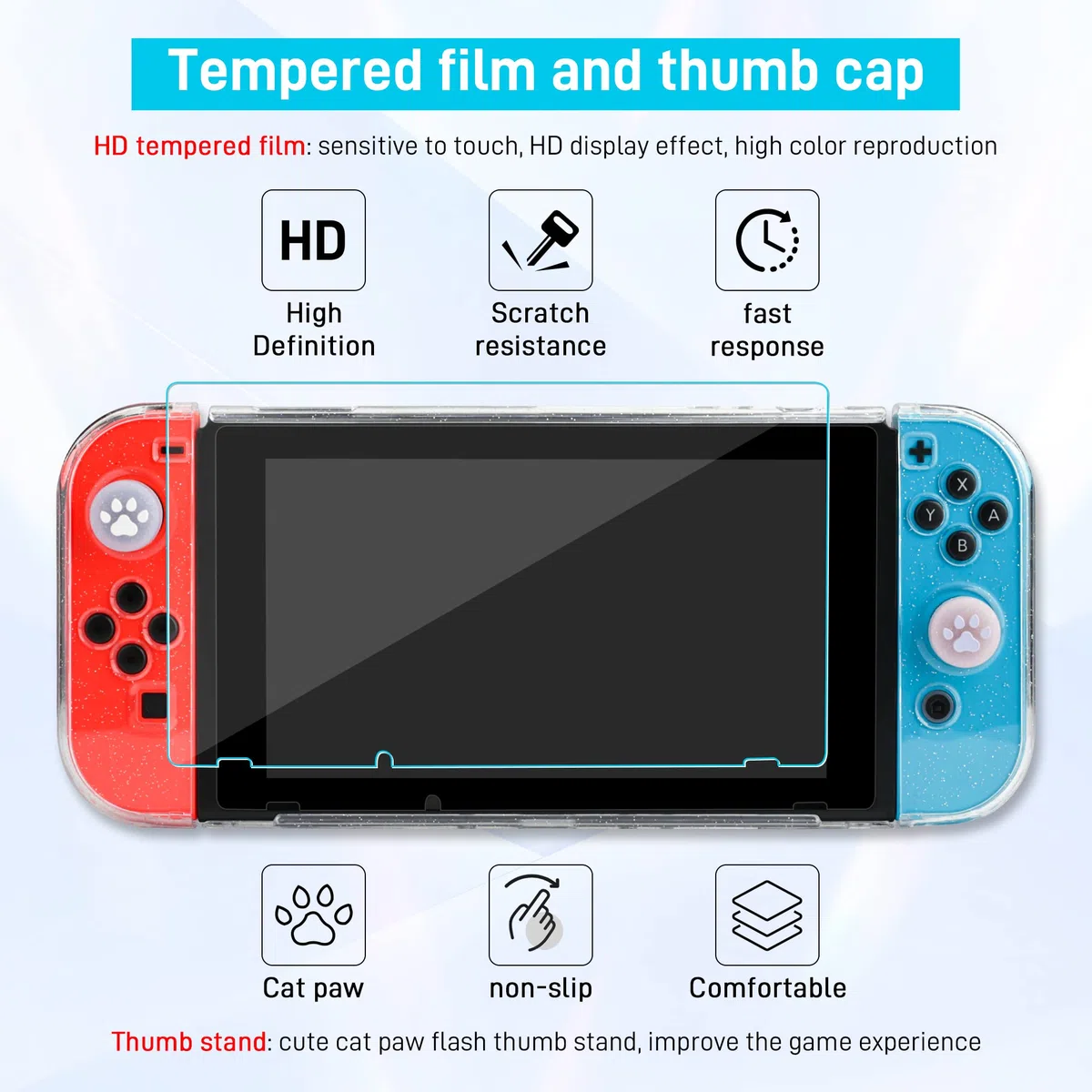 FANPL Custodia glitterata per accessori Nintendo Switch, custodia per Switch e controller Joy Con con custodia protettiva rigida glitterata e protezione per schermo, impugnature per pollice, tracolla