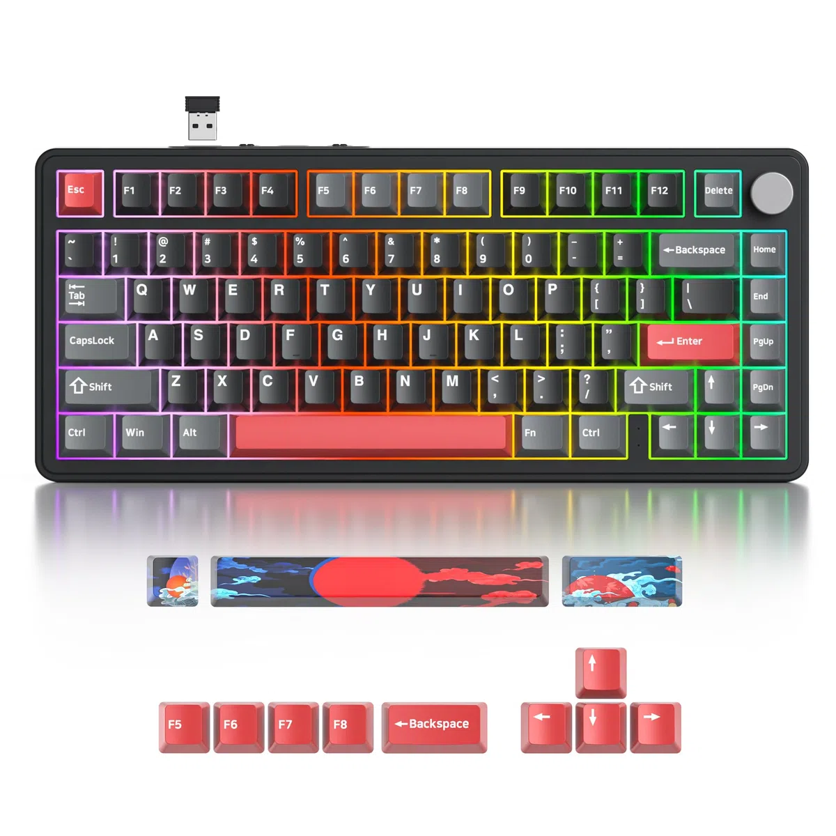 SOLIDEE tastiera gaming meccanica 75 percento con manopola,Bluetooth 5.0/2.4GHz/USB-C tastiera meccanica gasket,tastiera hot swappable South Facing Keycaps,RGB Retroilluminata per Win Mac(Shadow Red)