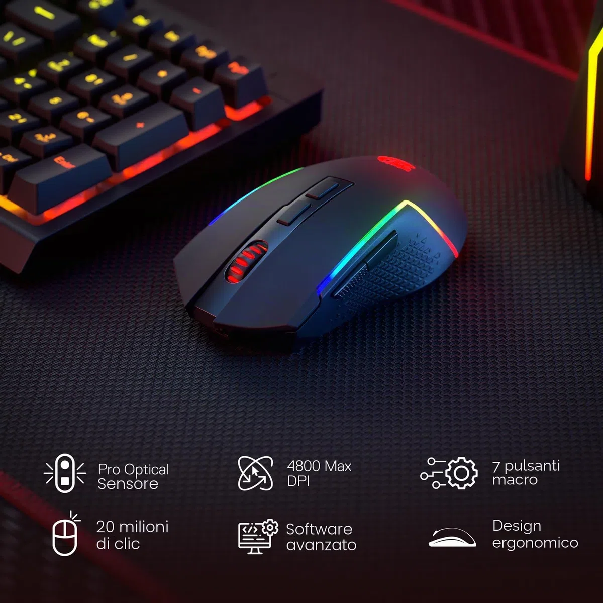 Redragon BS142 - Tastiera e mouse da gioco senza fili, tastiera K515 PRO RGB e mouse da gioco M693 Pro, 98 tasti, US LAYOUT