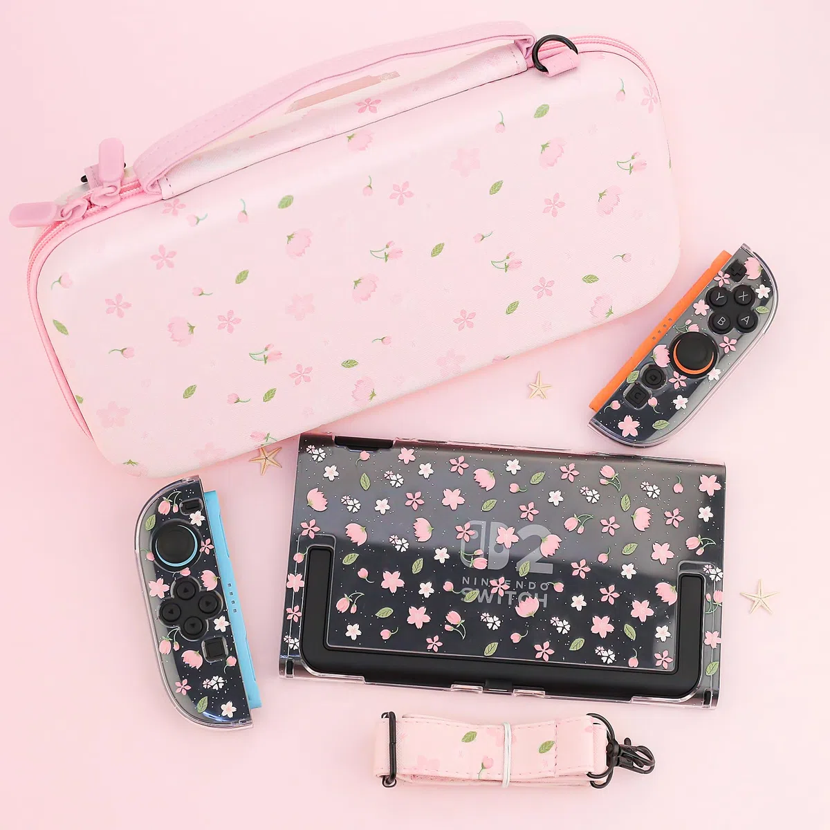 FANPL Custodia da trasporto carina per Nintendo Switch 2, kit di accessori per interruttore rosa con custodia rigida da viaggio con motivo floreale, cover Sakura glitterata, cinturino regolabile