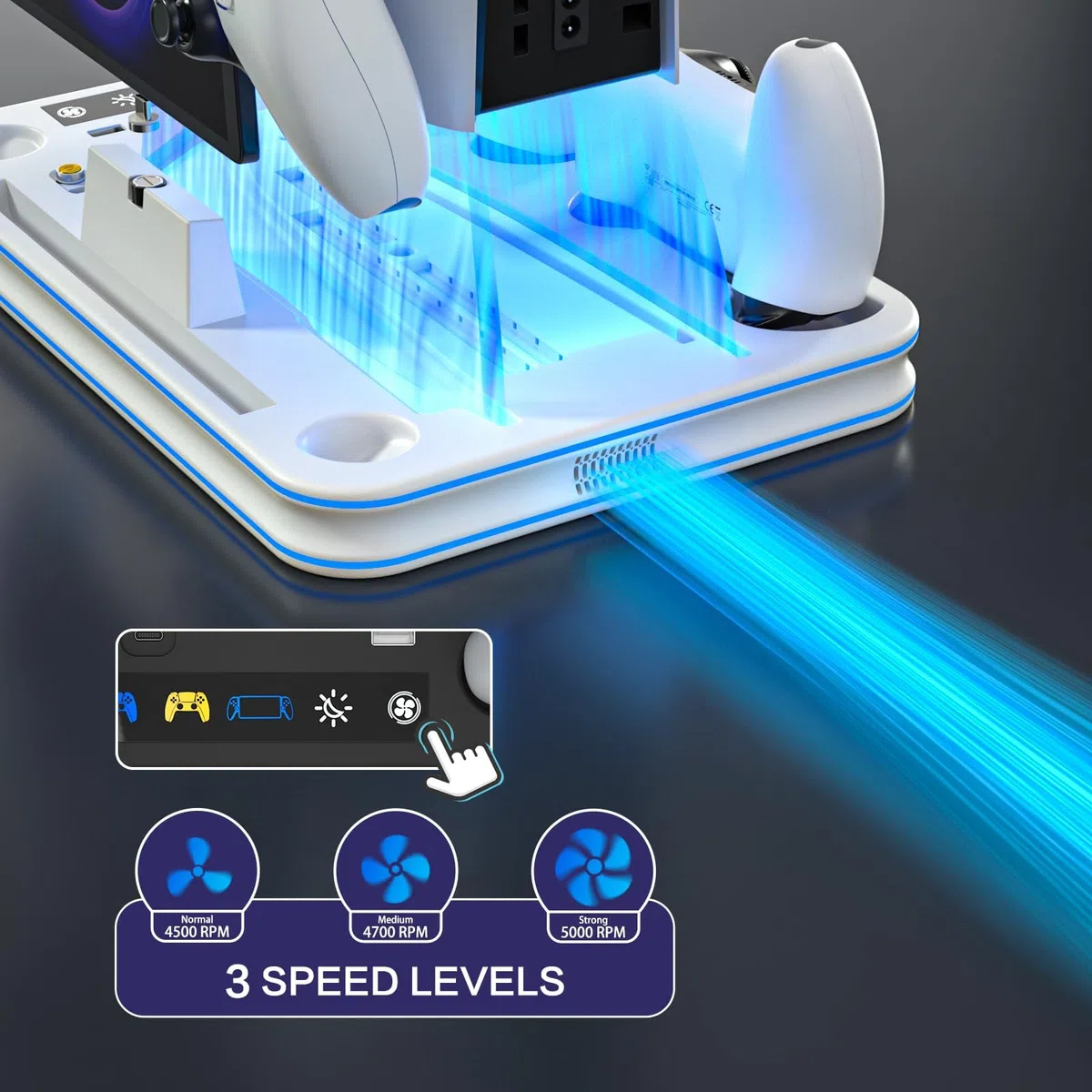 Supporto sottile e stazione di raffreddamento per PS5 con controller RGB LED stazione di ricarica per Playstation 5, controller PS5 caricabatterie per controller Dual Sense & Edge, accessori sottili