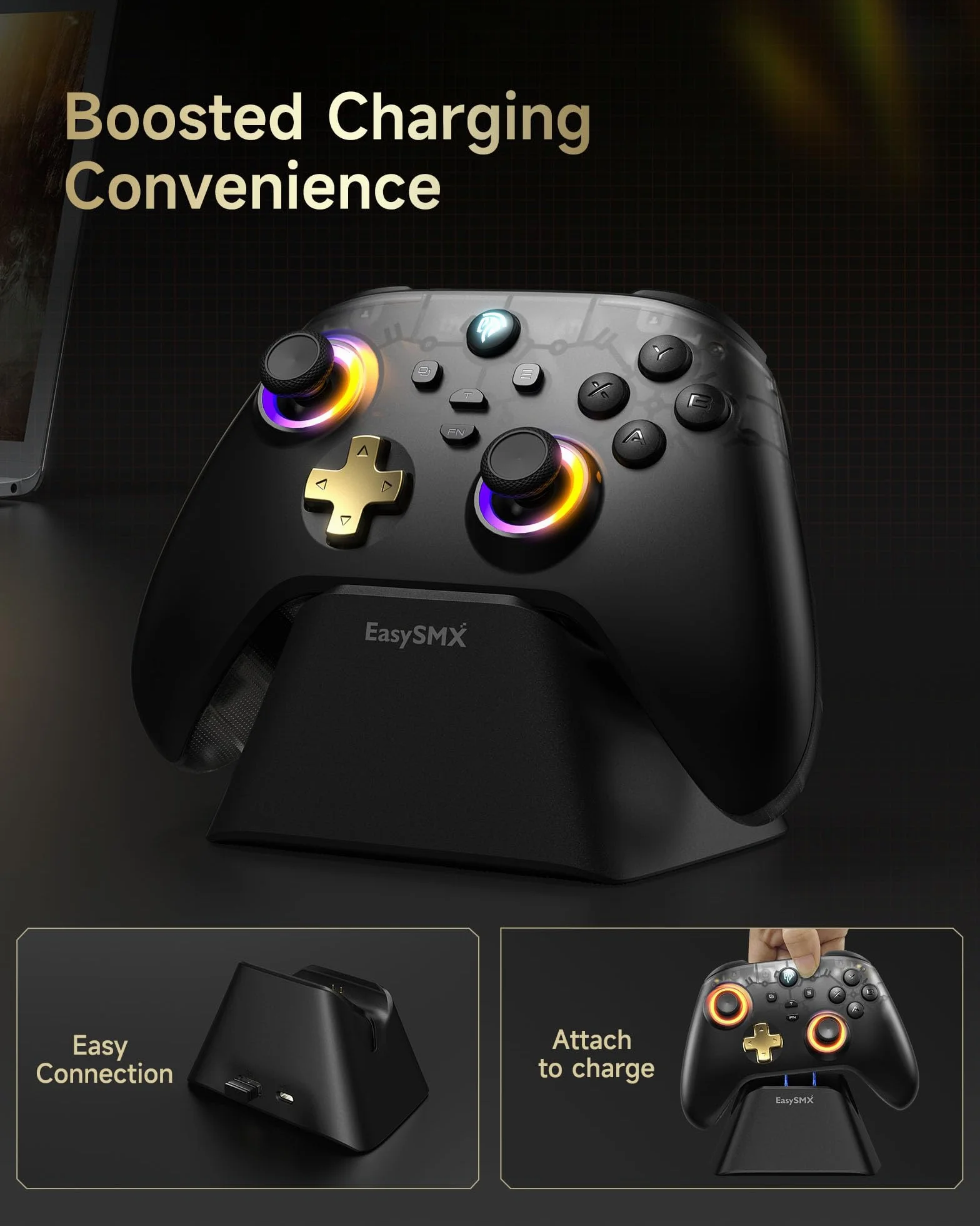 EasySMX D05 Wireless Controller PC con Base di Ricarica - RGB luce - Joystick Hall - Trigger Hall - Batteria ricaricabile da 1000 mAh - Vibrazione - Turbo - per PC/Switch/Mobile - Nero