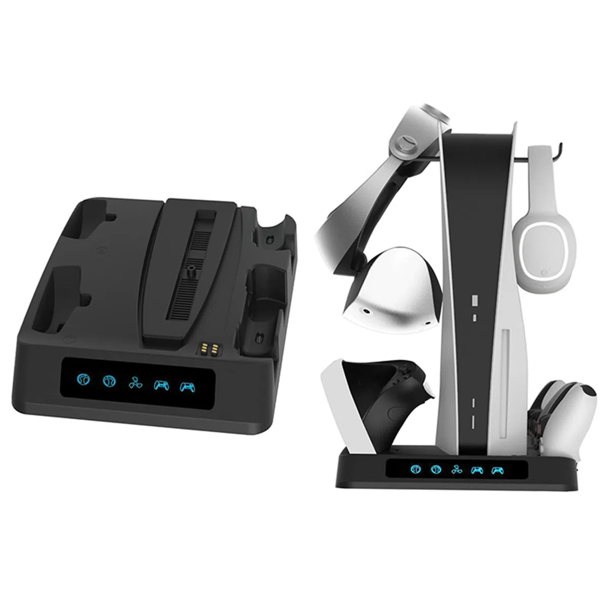 Caricabatterie Stand con Ventola di Raffreddamento, 4 Controller Stazione di Ricarica Dock per PS VR2/PS5, Base di Raffreddamento per PS5 Console UHD/Digitial Edition