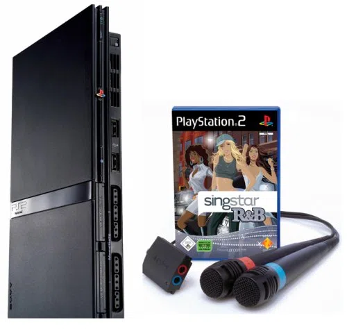 Playstation 2 - Konsole Black Slim + Singstar R&B inkl. Mikrofone