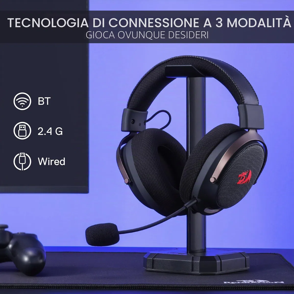 Redragon H858 Cuffie Gaming Senza Fili 7.1 Surround Nere | Driver 53 mm, cuscinetti memory foam, microfono rimovibile, compatibile con PC PS5 NS cellulare