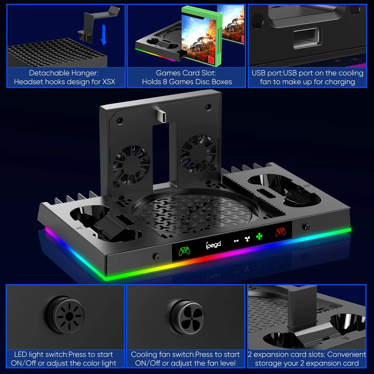 FYOUNG Supporto per ventola di raffreddamento aggiornato e doppio dock di ricarica per console e controller Xbox Series X, accessori XSX con 15 luci RGB, sistema di raffreddamento e caricabatterie con
