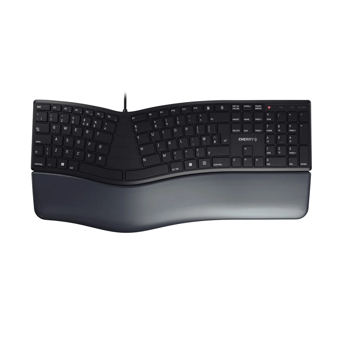 CHERRY KC 4500 ERGO, Tastiera Ergonomica, Layout per il Regno Unito (QWERTY), Con Filo, Poggiapolsi Imbottito con Memory Foam, Tastierina Arcuata, Nero