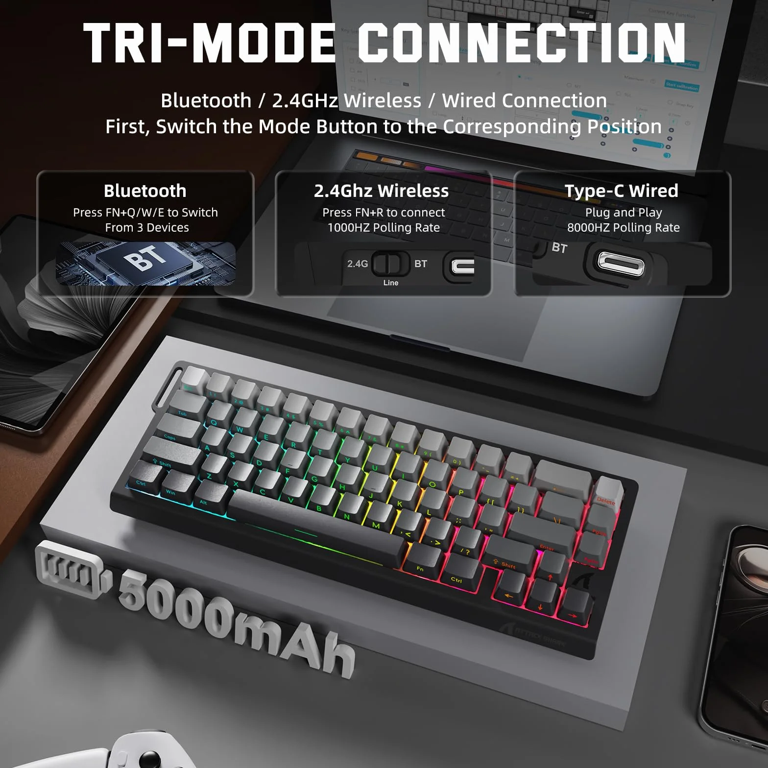 ATTACK SHARK 3 in 1 Tastiera senza fili X68PROHE e Mouse da Gioco X11, BT/2.4G/Cablato, Interruttore Magnetico a Grilletto Rapido da 8KHz, PixArt PAW3311, 22000DPI, Cavo a spirale C01PRO-Nero Sfumato