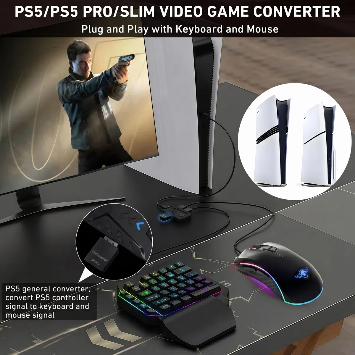 Megadream Convertitore tastiera e mouse per PS5 / P5 Slim / PS5 Pro con adattatore generale P5, 1000 Hz lasso ultra basso, supporta la regolazione della sensibilità del mouse, cambia chiave