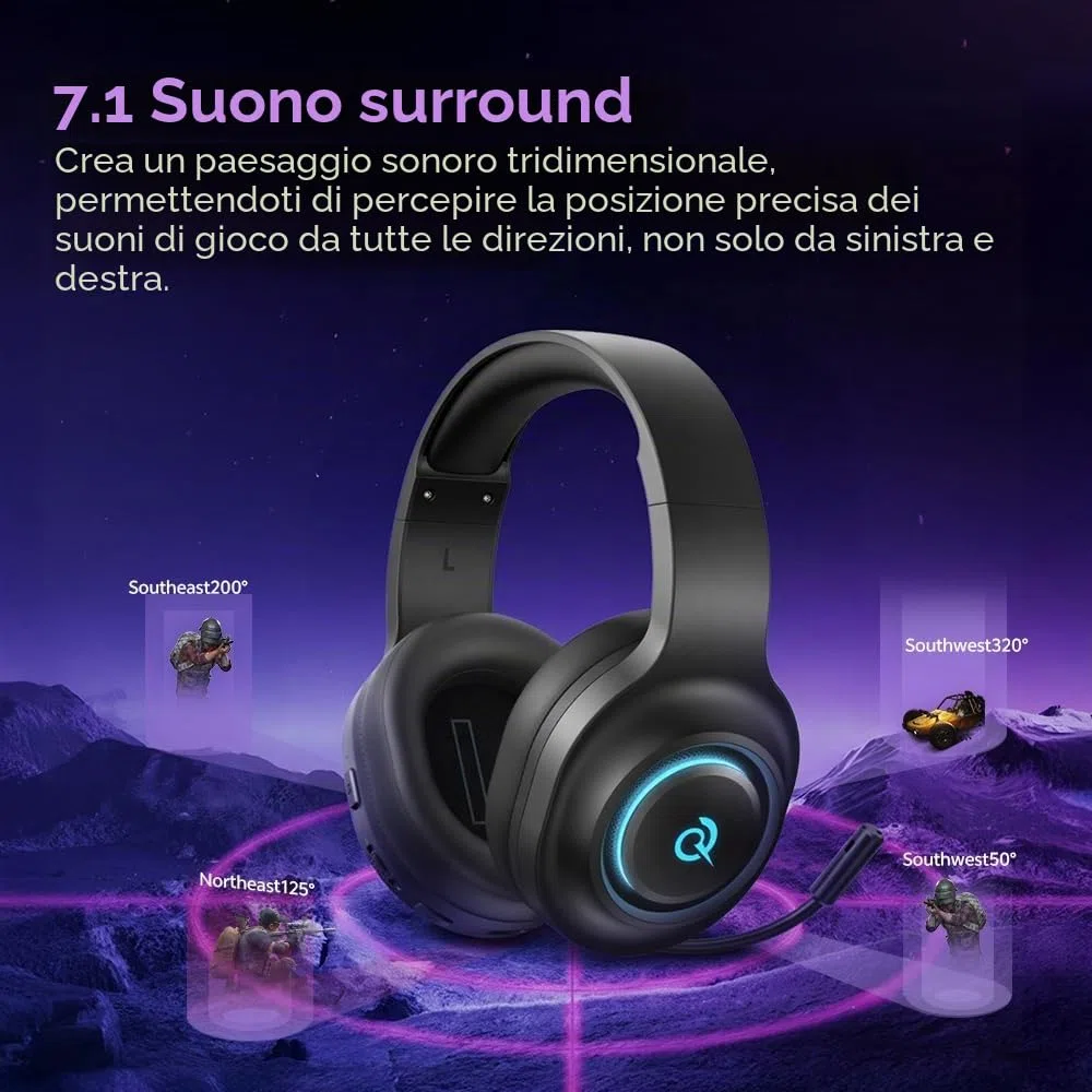 QCY Cuffie Gaming per PC/PS5/PS4/Switch, HEROAD V200 Cuffie over ear, USB-C, Batteria da 240 ore, Audio Surrounqchd 7.1, 2,4GHz Cuffie Wireless per multipiattaforma, Bluetooth 6.0