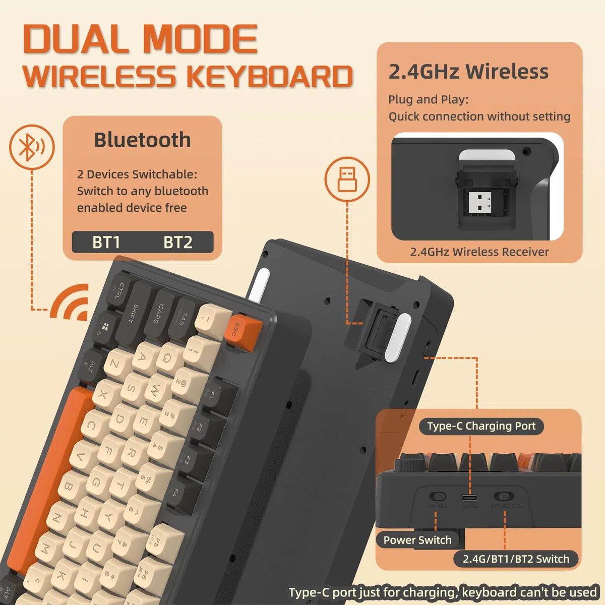 FREEWOLF M96 Tastiera Da Gioco Wireless, Controllo Tramite Manopola Bluetooth/Tastiera Wireless 2.4G, Retroilluminazione a LED RGB con Schermo, Copritasto PBT, 3000mAh, Layout USA QWERTY - Luccichio
