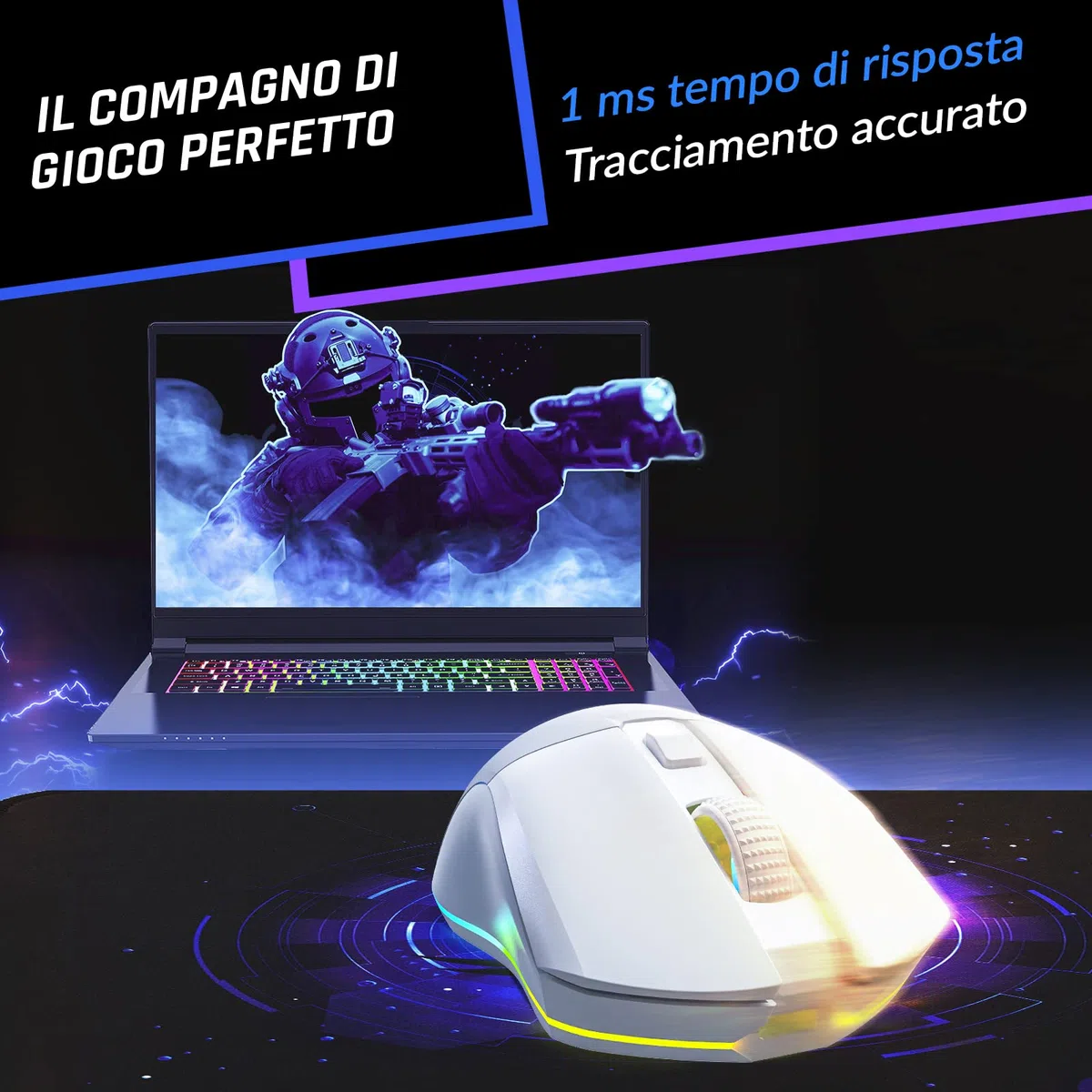 KLIM Blaze Pro Sensore ad Alta Precisione con Batteria a Lunga Durata | Mouse da Gioco Wireless RGB Ricaricabile con Stazione di Ricarica, Fino a 6000 DPI, Libertà Totale per Dominare - Bianco