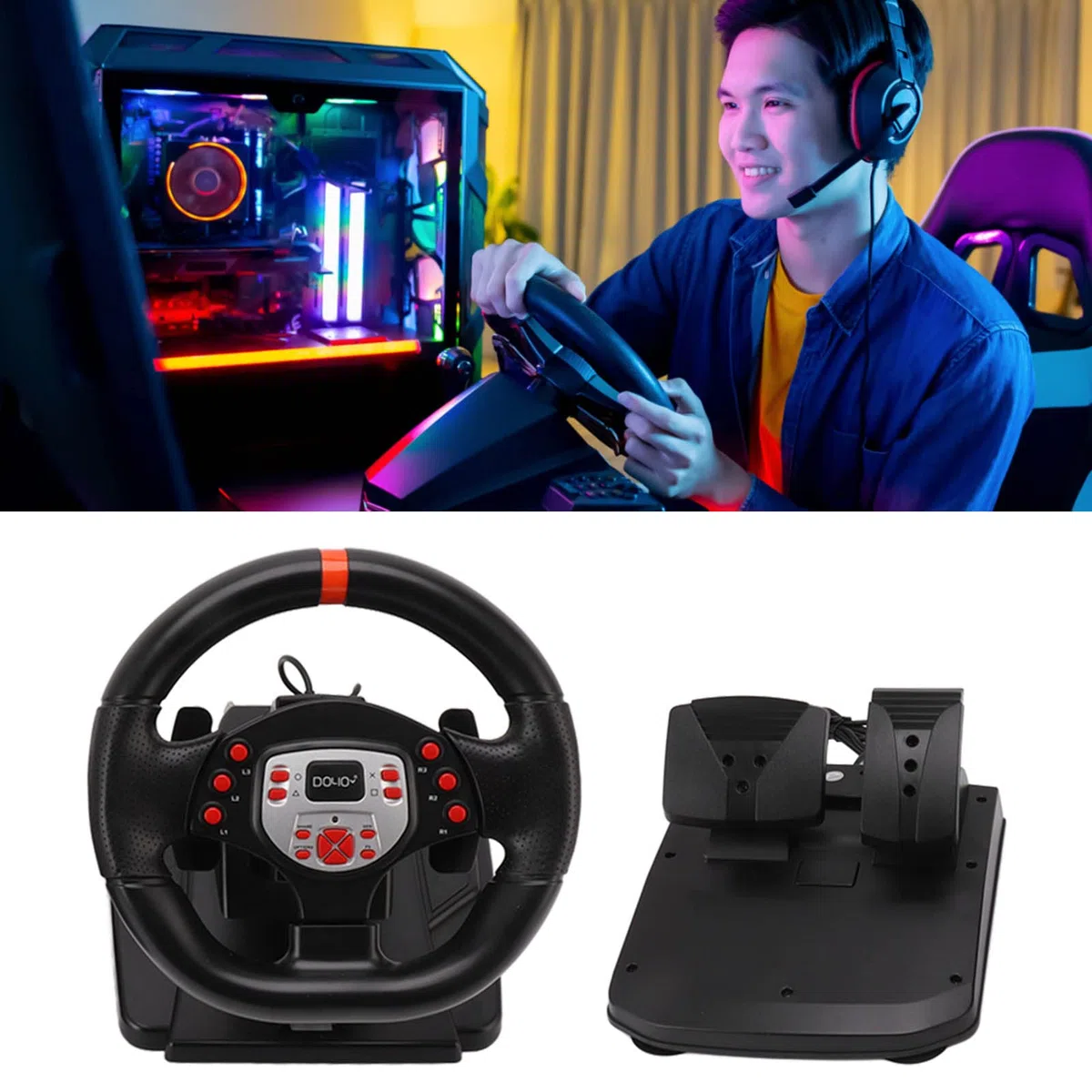 Luqeeg Volanti Corsa per Giochi, Volante per PC con Pedali, Volante da Gioco con Rotazione 180 Gradi Volante per Giochi da Corsa Accessori Videogiochi per 360 PC per per Switch